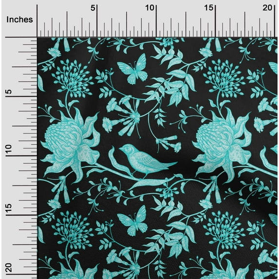 oneOone Cotton Poplin Turquoise Blue Fabric Leaves|Bird & Floral Artistic Dress Material Fabric Print Fabric By The Yard 42 Inch Wide