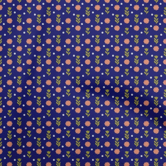 oneOone Cotton Poplin Twill Dark Blue Fabric Floral With Ikat Sewing Material Print Fabric By The Yard 56 Inch Wide