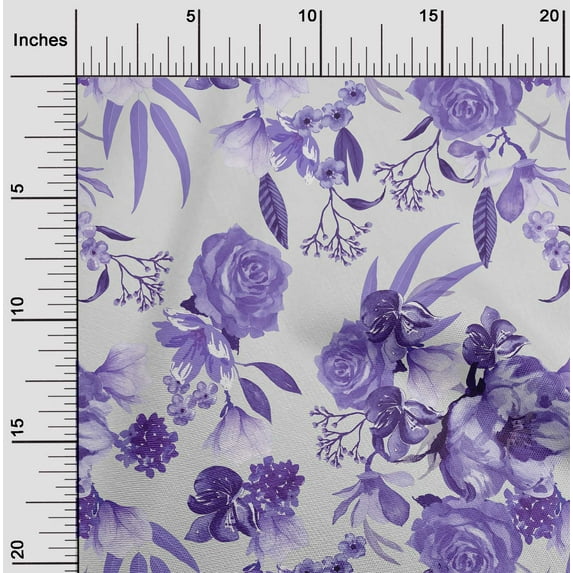 oneOone Cotton Poplin Twill Medium Purple Fabric Leaves & Rose Watercolor Quilting Supplies Print Sewing Fabric By The Yard 56 Inch Wide