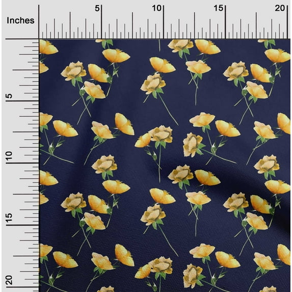 oneOone Cotton Poplin Twill Navy Blue Fabric Flower & Leaves Watercolor Fabric For Sewing Printed Craft Fabric By The Yard 56 Inch Wide