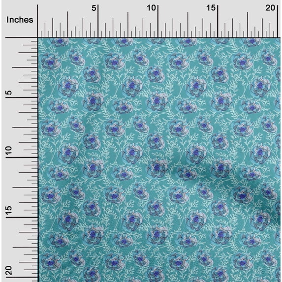 oneOone Cotton Poplin Twill Teal Blue Fabric Flower Watercolor Sewing Craft Projects Fabric Prints By Yard 56 Inches Wide