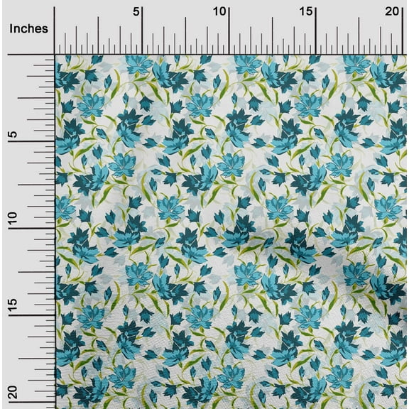 oneOone Cotton Poplin Twill Teal Blue Fabric Leaves & Floral Artistic Fabric For Sewing Printed Craft Fabric By The Yard 56 Inch Wide