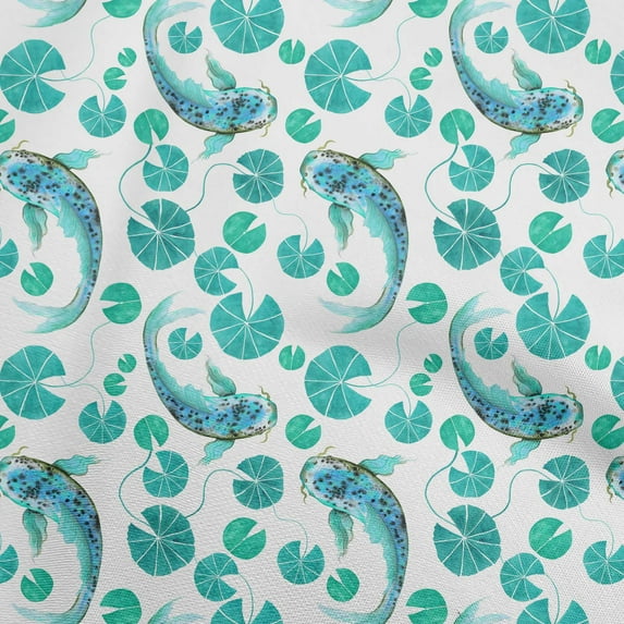 oneOone Cotton Poplin Twill Teal Green Fabric Asian Japanese Koi Fish Sewing Material Print Fabric By The Yard 56 Inch Wide