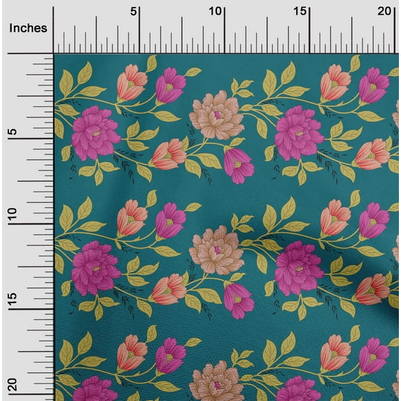 oneOone Cotton Poplin Twill Teal Green Fabric Leaves & Flowers Floral Fabric For Sewing Printed Craft Fabric By The Yard 56 Inch Wide