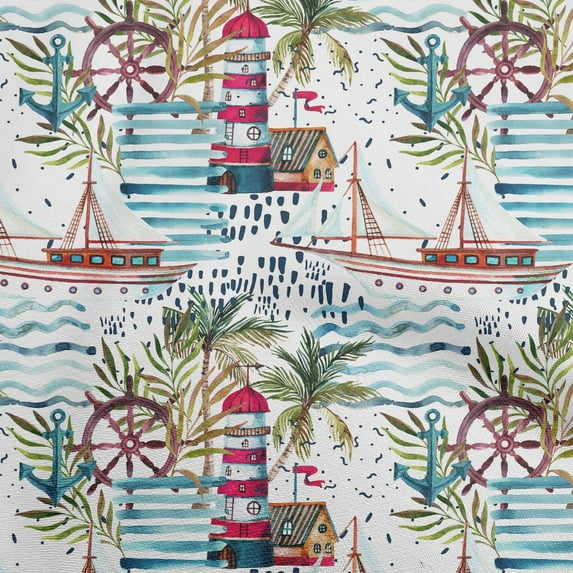 oneOone Cotton Poplin Twill Teal Green Fabric Ocean Lighthouse Dress Material Fabric Print Fabric By The Yard 56 Inch Wide