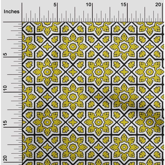 oneOone Cotton Poplin Twill Yellow Fabric Geometric & Floral Block Dress Material Fabric Print Fabric By The Yard 56 Inch Wide
