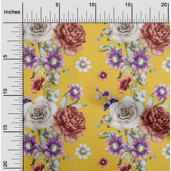 oneOone Cotton Poplin Twill Yellow Fabric Leaves|Lotus & Rose Floral Sewing Material Print Fabric By The Yard 56 Inch Wide