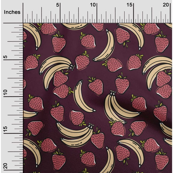 oneOone Cotton Poplin Wine Red Fabric Banana & Strawberry Fruits Sewing Material Print Fabric By The Yard 56 Inch Wide