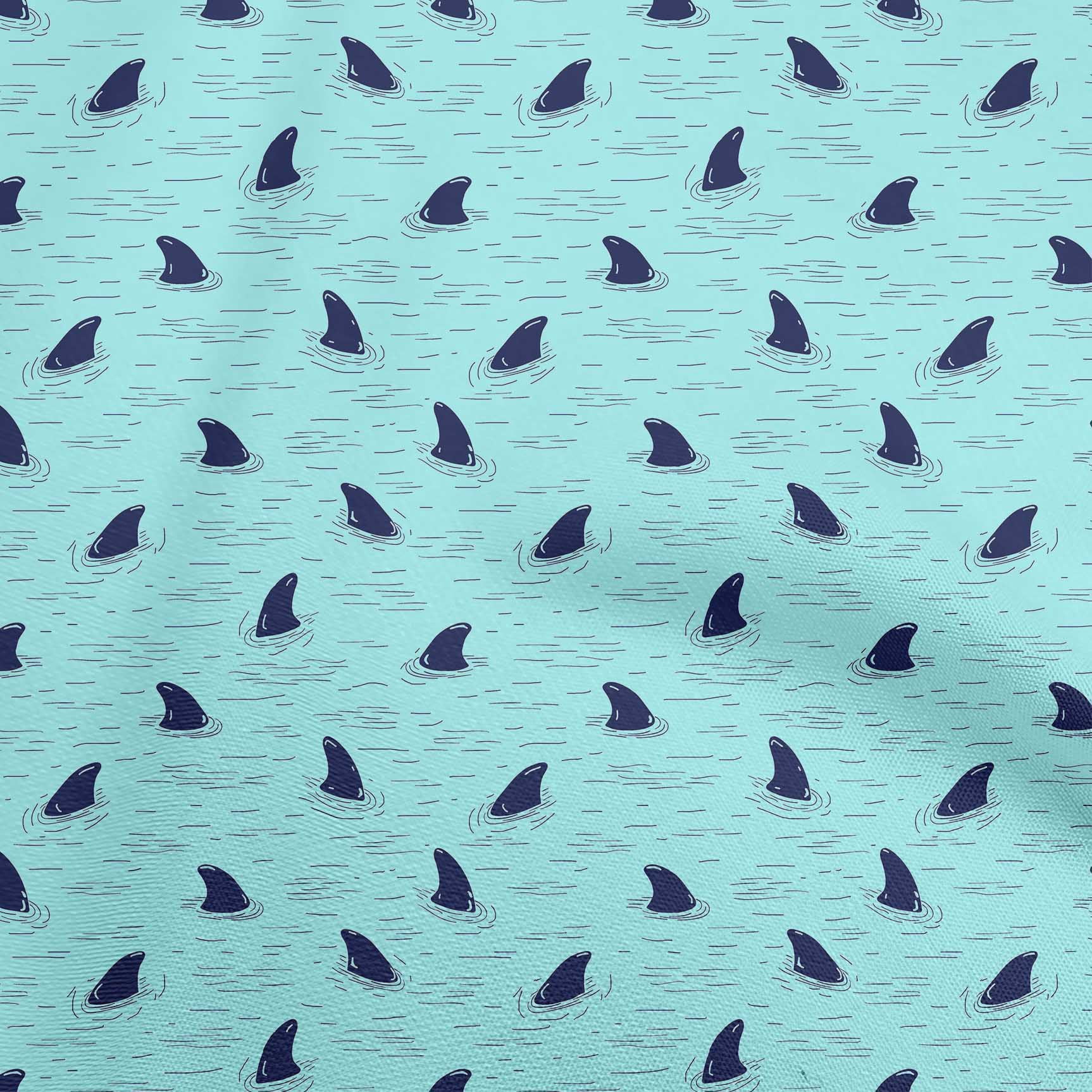 Shark Material oneOone Cotton Silk Aqua Blue Fabric Ocean Shark Swimming Sewing ...