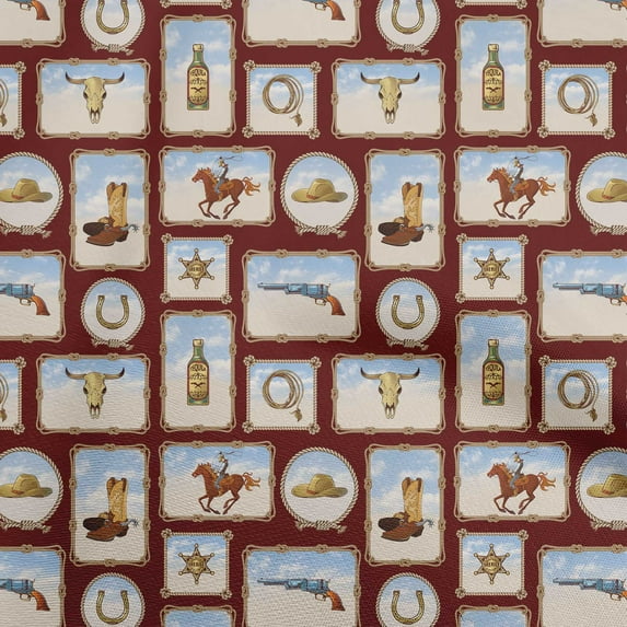 oneOone Cotton Silk Maroon Fabric Cowboy Dress Material Fabric Print Fabric By The Yard 42 Inch Wide