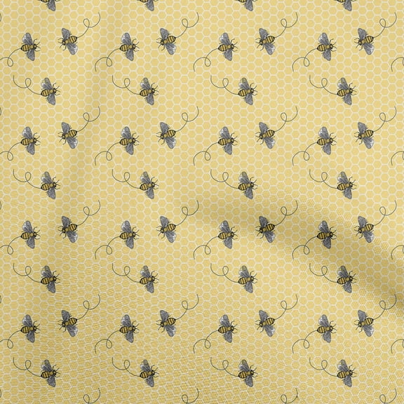 oneOone Georgette Viscose Beige Fabric Honey Bees With Hexagon Texture Diy Clothing Quilting Fabric Print Fabric By Yard 42 Inch Wide