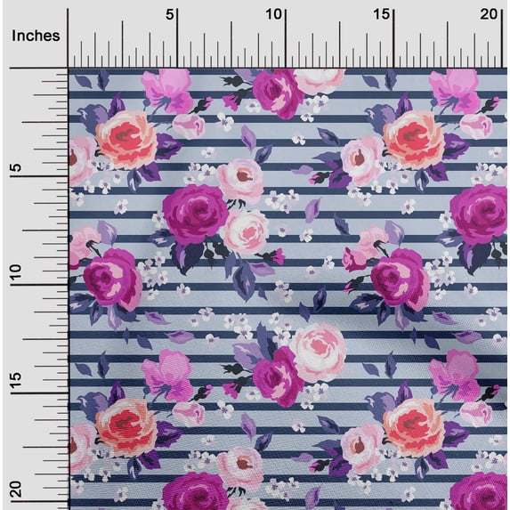 oneOone Georgette Viscose Blue Fabric Stripe & Rose Floral Craft Projects Decor Fabric Printed By The Yard 42 Inch Wide
