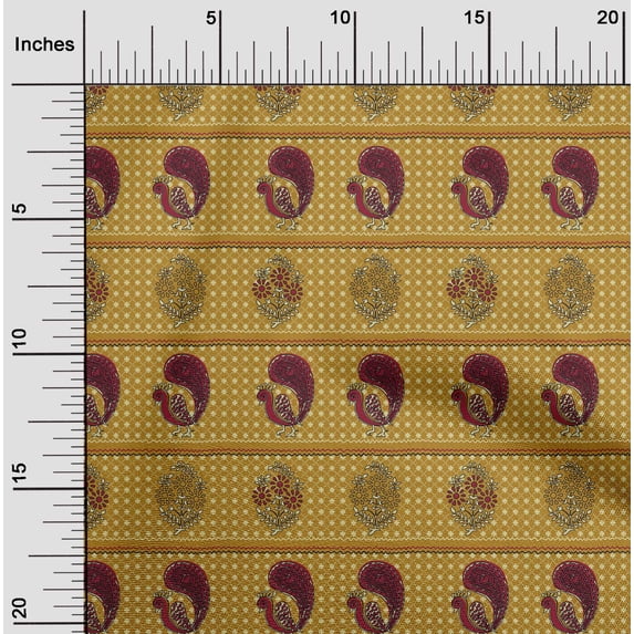 oneOone Georgette Viscose Gamboge Yellow Fabric Geometric|Peacock & Floral Block Fabric For Sewing Printed Craft Fabric By The Yard 42 Inch Wide