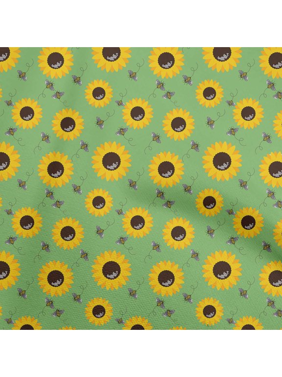 Georgette Viscose Green Fabric Floral Sunflower With Honey Bees Sewing Material Print Fabric By The Yard 42 Inch Wide