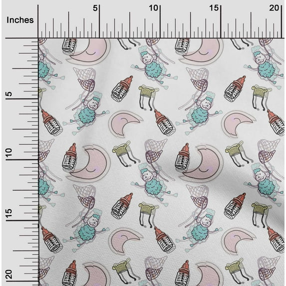 oneOone Georgette Viscose White Fabric Baby Feeder|Moon & Cartoon Sheep Kids Sewing Fabric By The Yard Printed Diy Clothing Sewing Supplies 42 Inch Wide