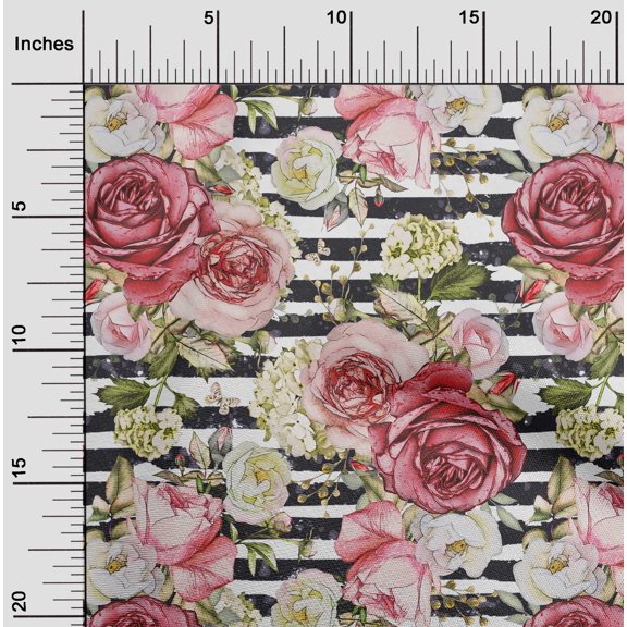 oneOone Georgette Viscose White Fabric Stripe & Rose Floral Sewing Fabric By The Yard Printed Diy Clothing Sewing Supplies 42 Inch Wide