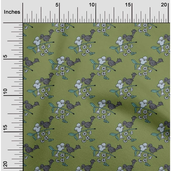 oneOone Organic Cotton Poplin Twill Fabric Leaves|Bird & Floral Block Printed Craft Fabric BTY 42 Inch Wide
