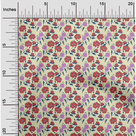 oneOone Organic Cotton Poplin Twill Fabric Leaves & Floral Block Printed Craft Fabric BTY 42 Inch Wide