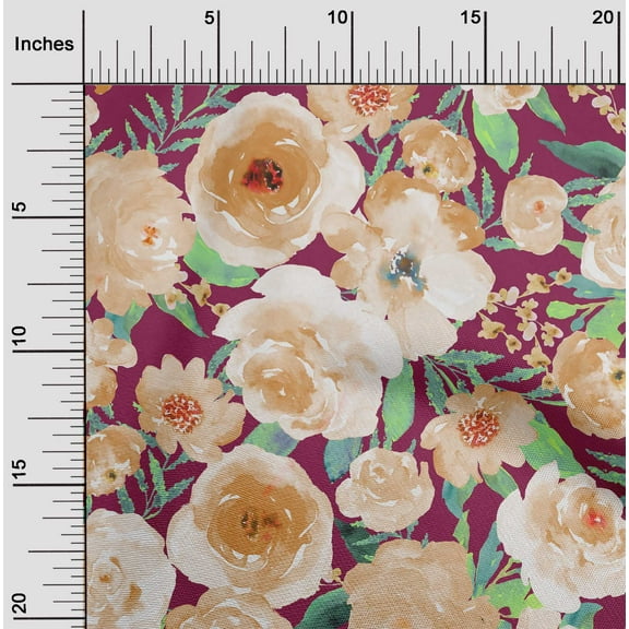 oneOone Organic Cotton Poplin Twill Fabric Watercolor Leaves & Peony Floral Print Fabric By The Yard 42 Inch Wide