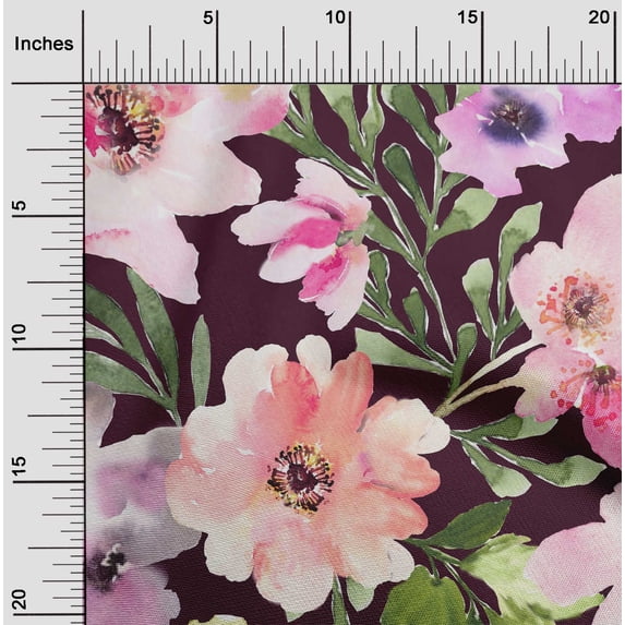 oneOone Organic Cotton Poplin Twill Fabric Watercolor Leaves & Peony Floral_Printed Fabric 1 Yard 42 Inch Wide