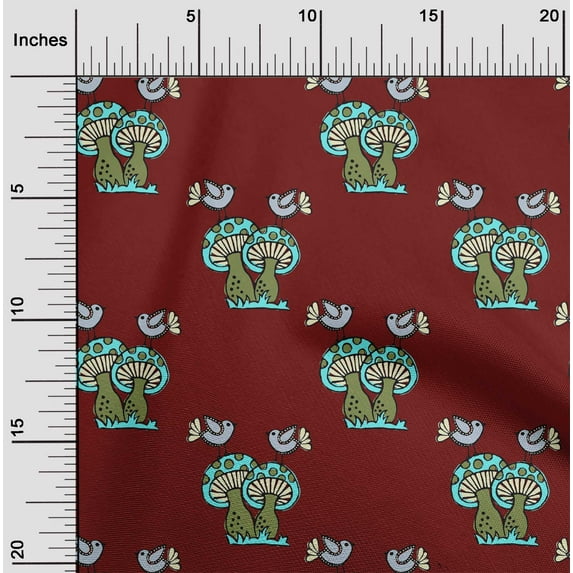 oneOone Organic Cotton Voile Fabric Bird & Mushroom Block Print Fabric By The Yard 42 Inch Wide