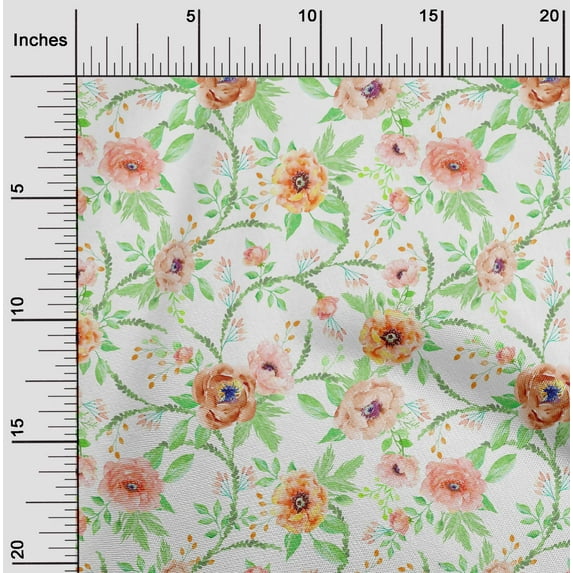 oneOone Organic Cotton Voile Fabric Watercolor Leaves & Peony Floral Print Fabric By The Yard 42 Inch Wide
