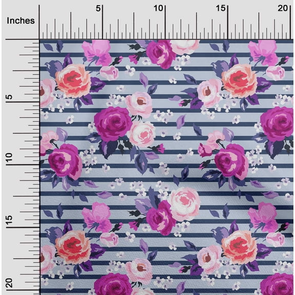 oneOone Polyester Lycra Blue Fabric Stripe & Rose Floral Craft Projects Decor Fabric Printed By The Yard 56 Inch Wide