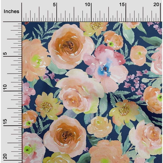 oneOone Polyester Lycra Fabric Watercolor Leaves & Peony Floral Decor Fabric Printed BTY 56 Inch Wide