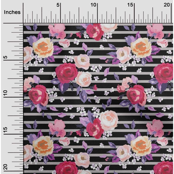oneOone Polyester Lycra Gray Fabric Stripe & Rose Floral Quilting Supplies Print Sewing Fabric By The Yard 56 Inch Wide