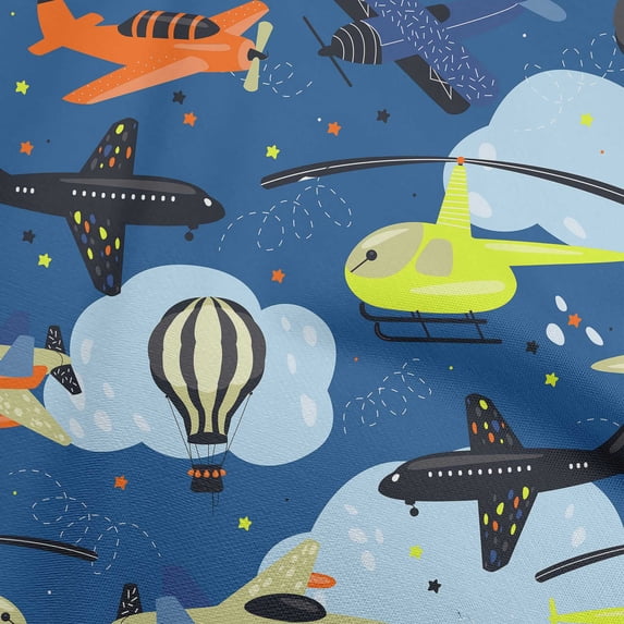 oneOone Polyester Lycra Navy Blue Fabric Airplane Nursery Kids Fabric For Sewing Printed Craft Fabric By The Yard 56 Inch Wide