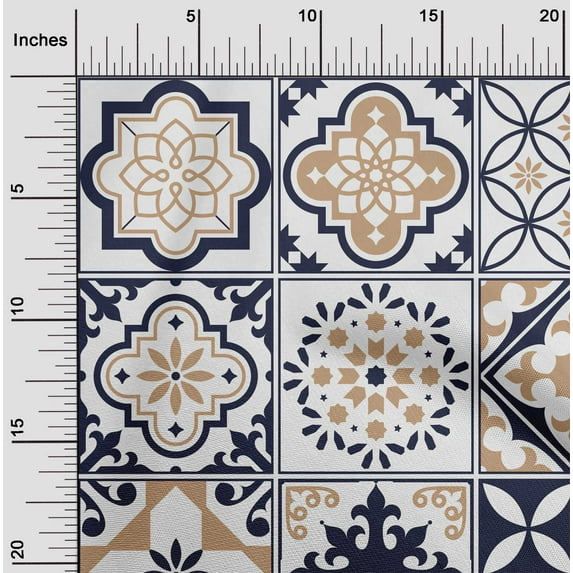 oneOone Polyester Lycra Navy Blue Fabric Floral & Tiles Moroccan Fabric For Sewing Printed Craft Fabric By The Yard 56 Inch Wide