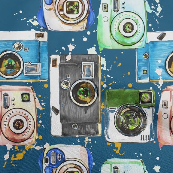 oneOone Polyester Lycra Teal Blue Fabric Camera Pattern Sewing Craft Projects Fabric Prints By Yard 56 Inch Wide