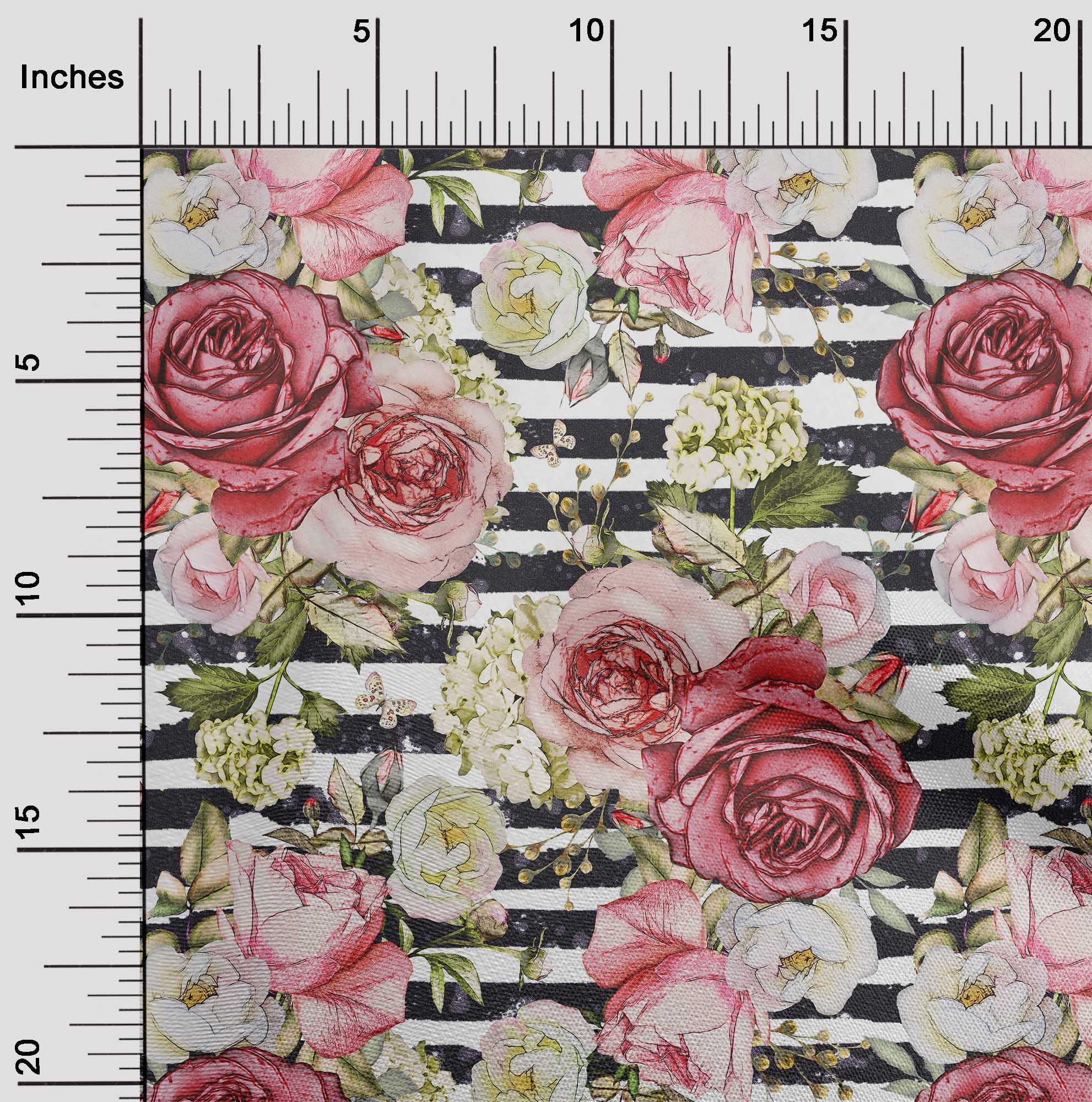 oneOone Polyester Lycra White Fabric Stripe & Rose Floral Sewing Crafts Projects Fabric Prints By Yards 56 Inches Wide