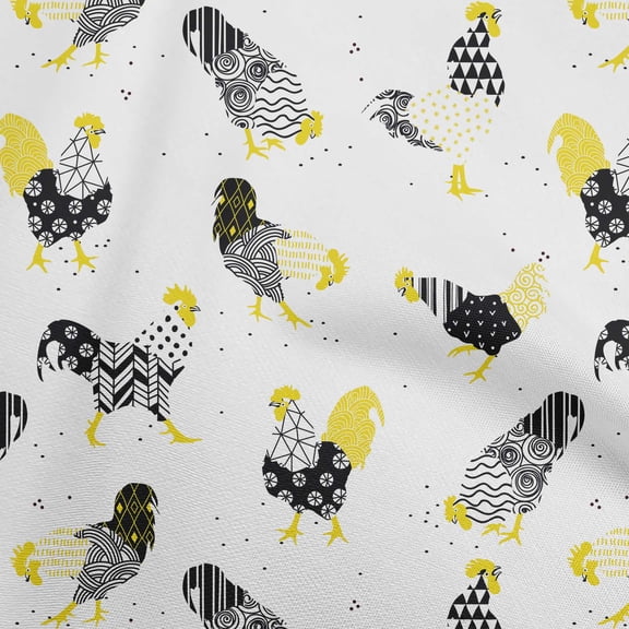 oneOone Polyester Lycra White & Yellow Fabric Rooster Cock Sewing Craft Projects Fabric Prints By Yard 56 Inch Wide