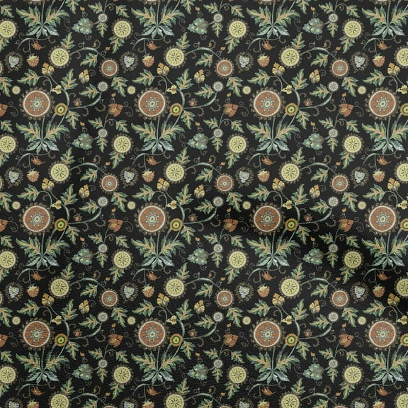 oneOone Polyester Spandex Black Fabric Asian Suzani Fabric For Sewing Printed Craft Fabric By The Yard 56 Inch Wide