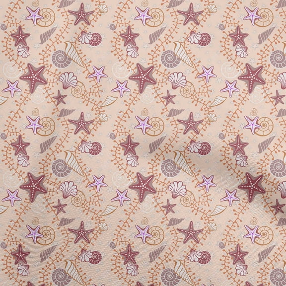 oneOone Polyester Spandex Dark Beige Fabric Beach Seashell Fabric For Sewing Printed Craft Fabric By The Yard 56 Inch Wide