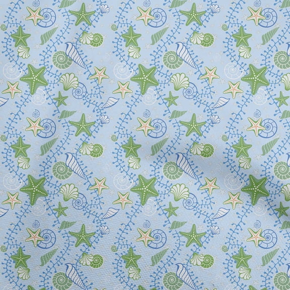 oneOone Polyester Spandex Dusty Blue Fabric Beach Seashell Fabric For Sewing Printed Craft Fabric By The Yard 56 Inch Wide
