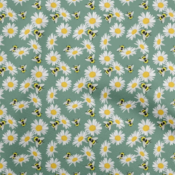 oneOone Polyester Spandex Dusty Teal Green Fabric Floral Sunflower With Honey Bee Craft Projects Decor Fabric Printed By The Yard 56 Inch Wide