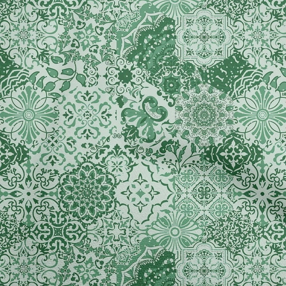 oneOone Polyester Spandex Green Fabric Asian Mandala Floral Tile Craft Projects Decor Fabric Printed By The Yard 56 Inch Wide