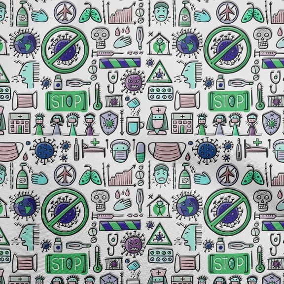 oneOone Polyester Spandex Green Fabric Medical Doodle Craft Projects Decor Fabric Printed By The Yard 56 Inch Wide
