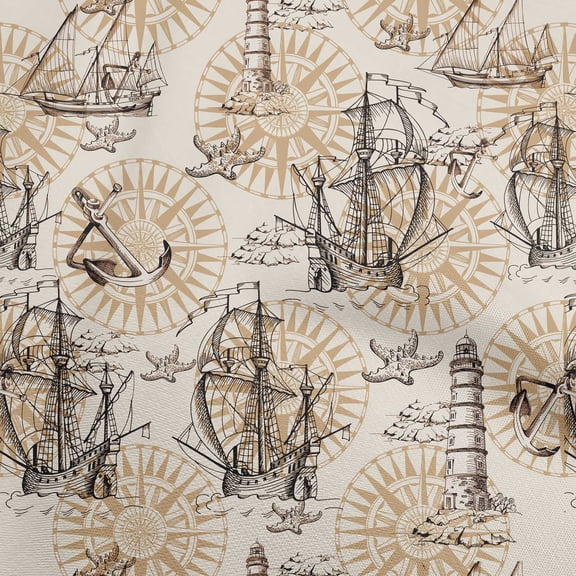 oneOone Polyester Spandex Light Brown Fabric Nautical Prints Sewing Material Print Fabric By The Yard 56 Inch Wide