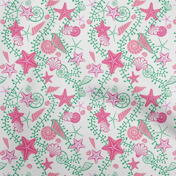 oneOone Polyester Spandex Pink Fabric Beach Starfish &Shell Diy Clothing Quilting Fabric Print Fabric By Yard 56 Inch Wide