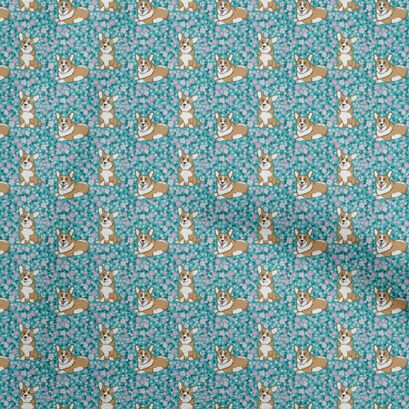 oneOone Polyester Spandex Turquoise Blue Fabric Floral & Puppies Dress Material Fabric Print Fabric By The Yard 56 Inch Wide