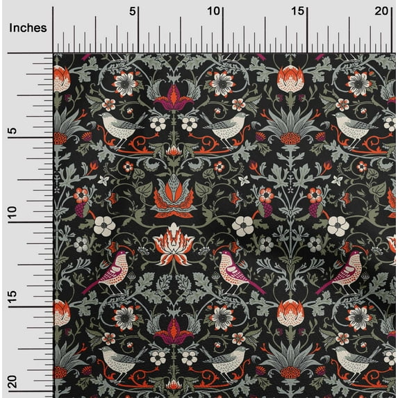 oneOone Silk Tabby Black Fabric Leaves|Bird & Floral Artistic Sewing Craft Projects Fabric Prints By Yard 42 Inch Wide