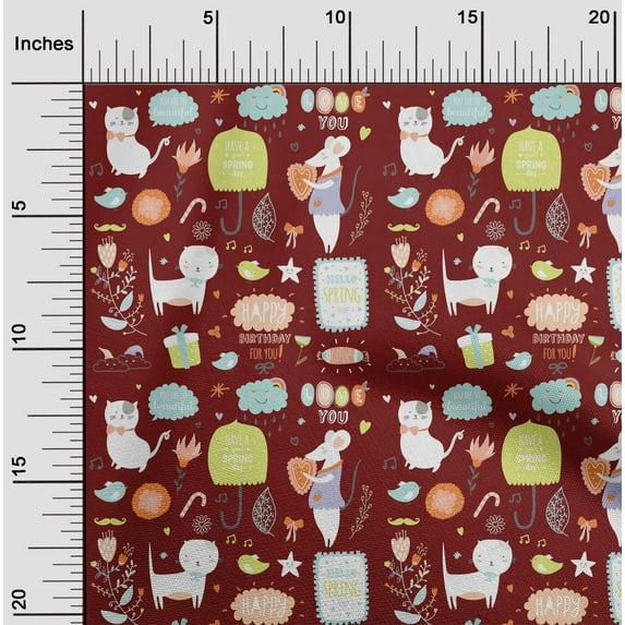 oneOone Silk Tabby Dark Red Fabric Floral|Rat & Cat Cartoon Sewing Material Print Fabric By The Yard 42 Inch Wide