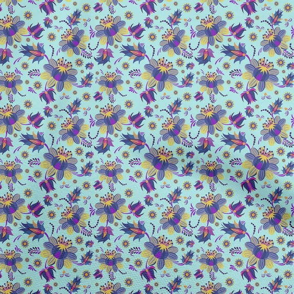 oneOone Silk Tabby Light Blue Fabric Asian Suzani Fabric For Sewing Printed Craft Fabric By The Yard 42 Inch Wide