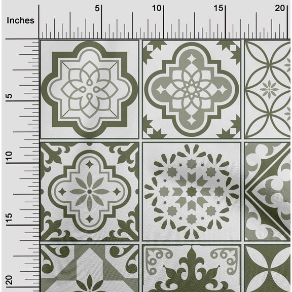 oneOone Silk Tabby Olive Green Fabric Floral & Tiles Moroccan Dress Material Fabric Print Fabric By The Yard 42 Inch Wide