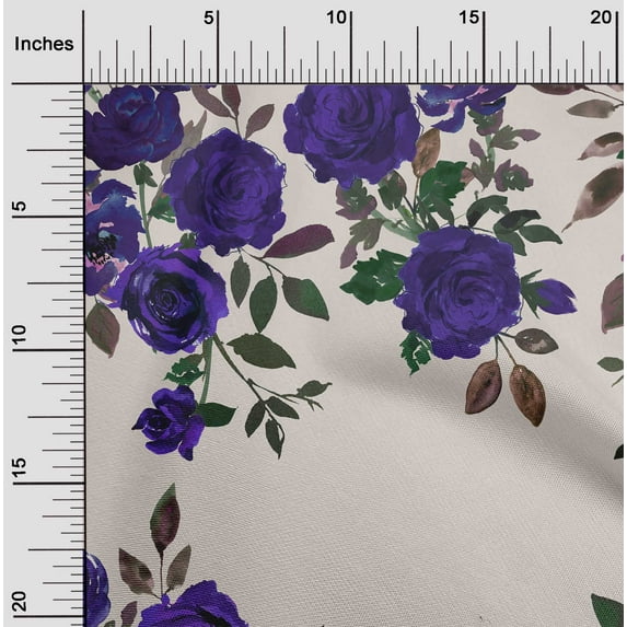 oneOone Silk Tabby Purplish Blue Fabric Leaves & Rose Floral Sewing Material Print Fabric By The Yard 42 Inch Wide