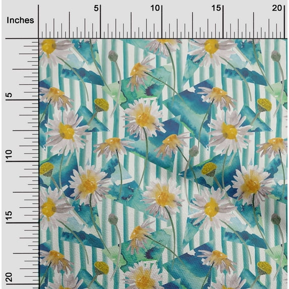 oneOone Silk Tabby Teal Blue Fabric Stripe|Triangle & Daisy Floral Sewing Fabric By The Yard Printed Diy Clothing Sewing Supplies 42 Inch Wide