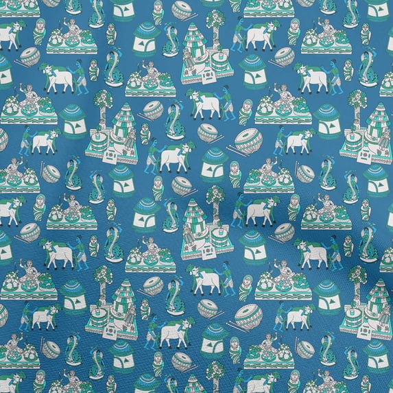 oneOone Velvet Teal Blue Fabric Kalamkari Traditional Dress Material Fabric Print Fabric By The Yard 58 Inch Wide
